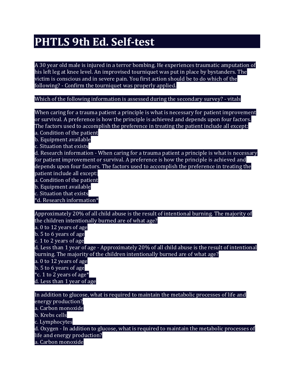 Preview image for PHTLS 9th Ed. Self-test 2022 with complete solution